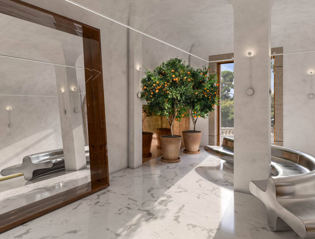 Retiro View entrance lobby with refined finishes with mirror and trees